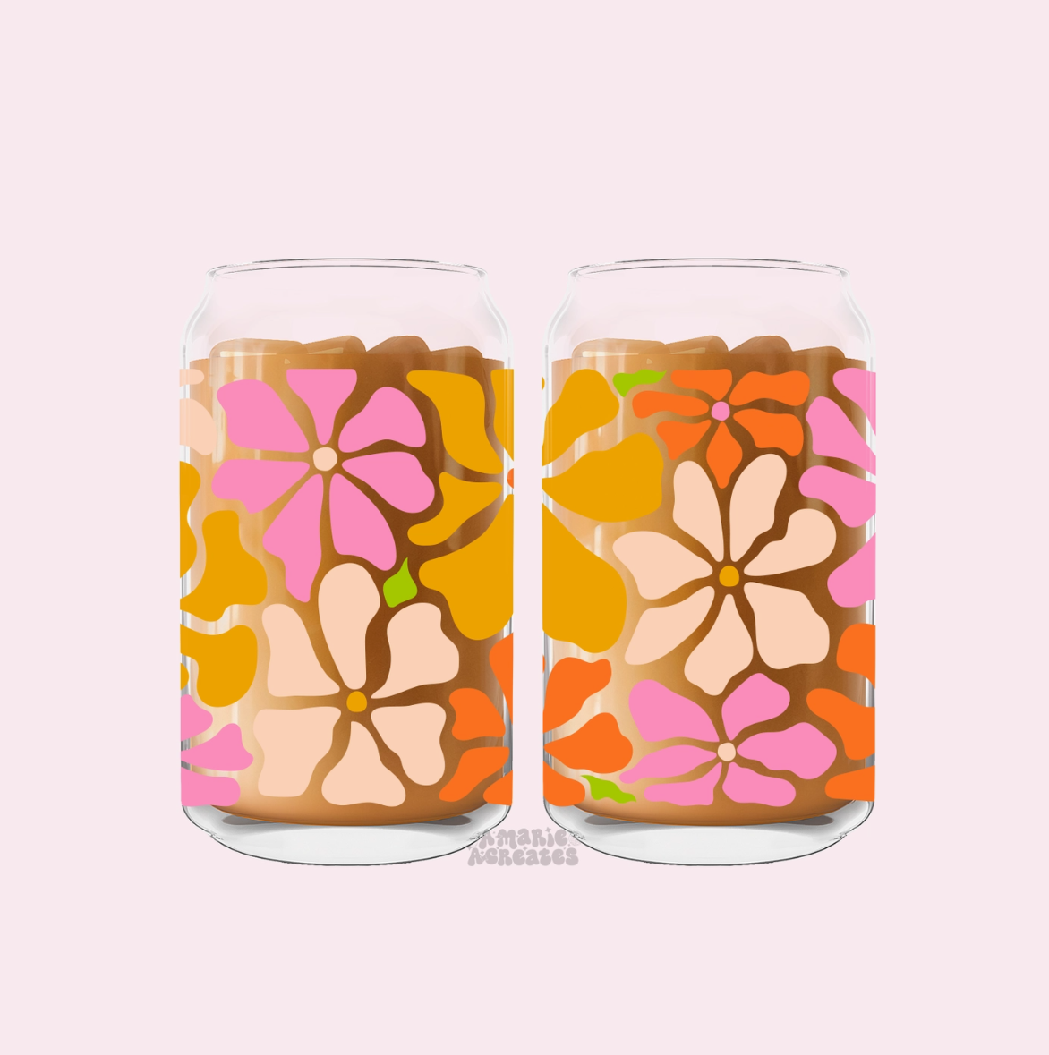 Two glass jars with floral patterns on a light pink background