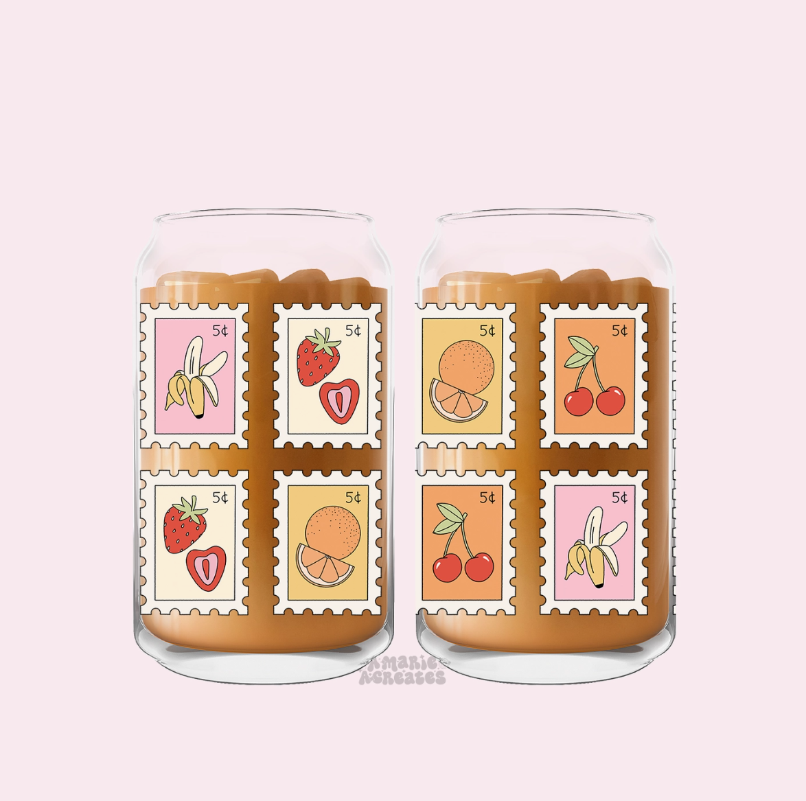 Two glass jars with fruit-themed postage stamps on a light pink background