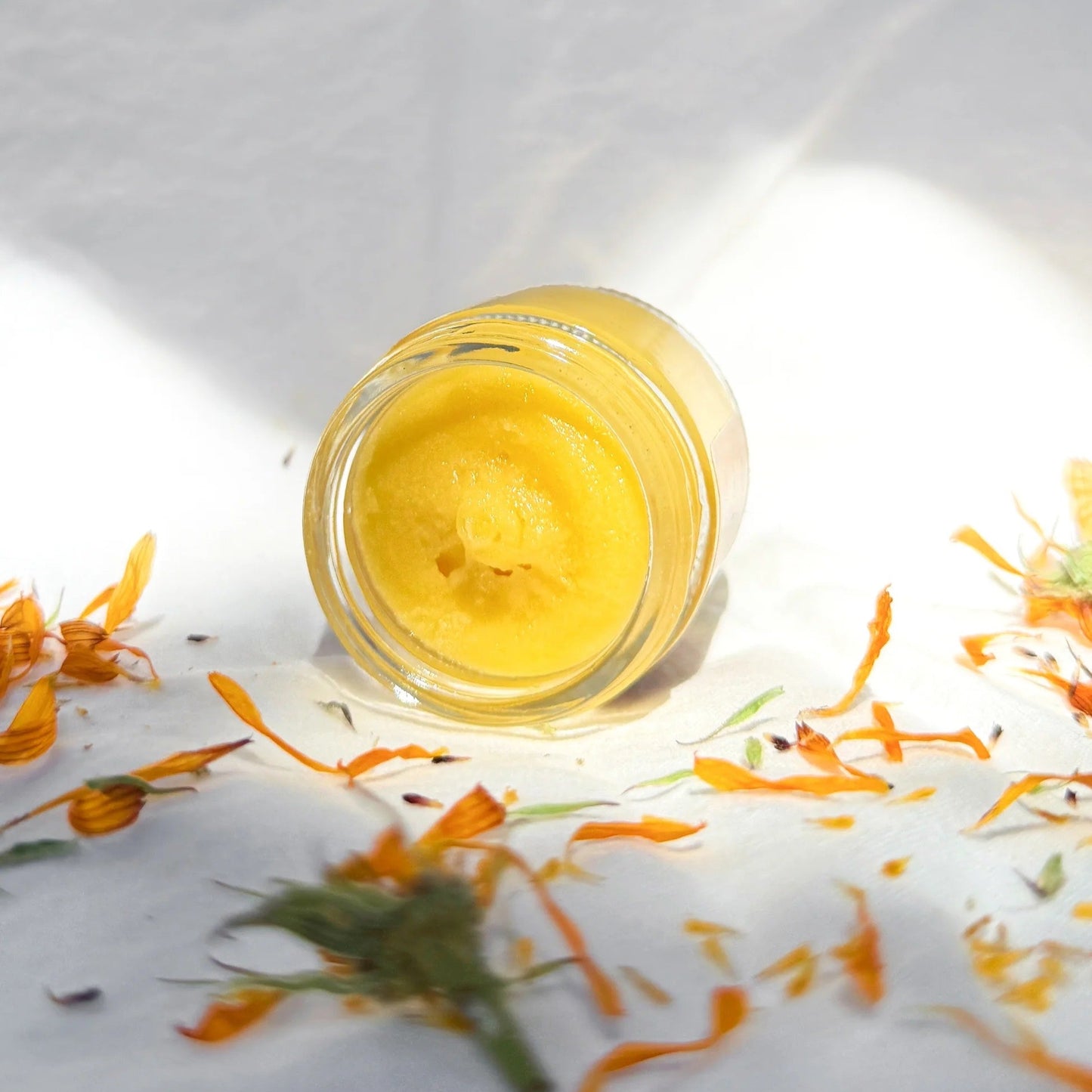 Jar of yellow tallow cream with calendula flowers on a white background