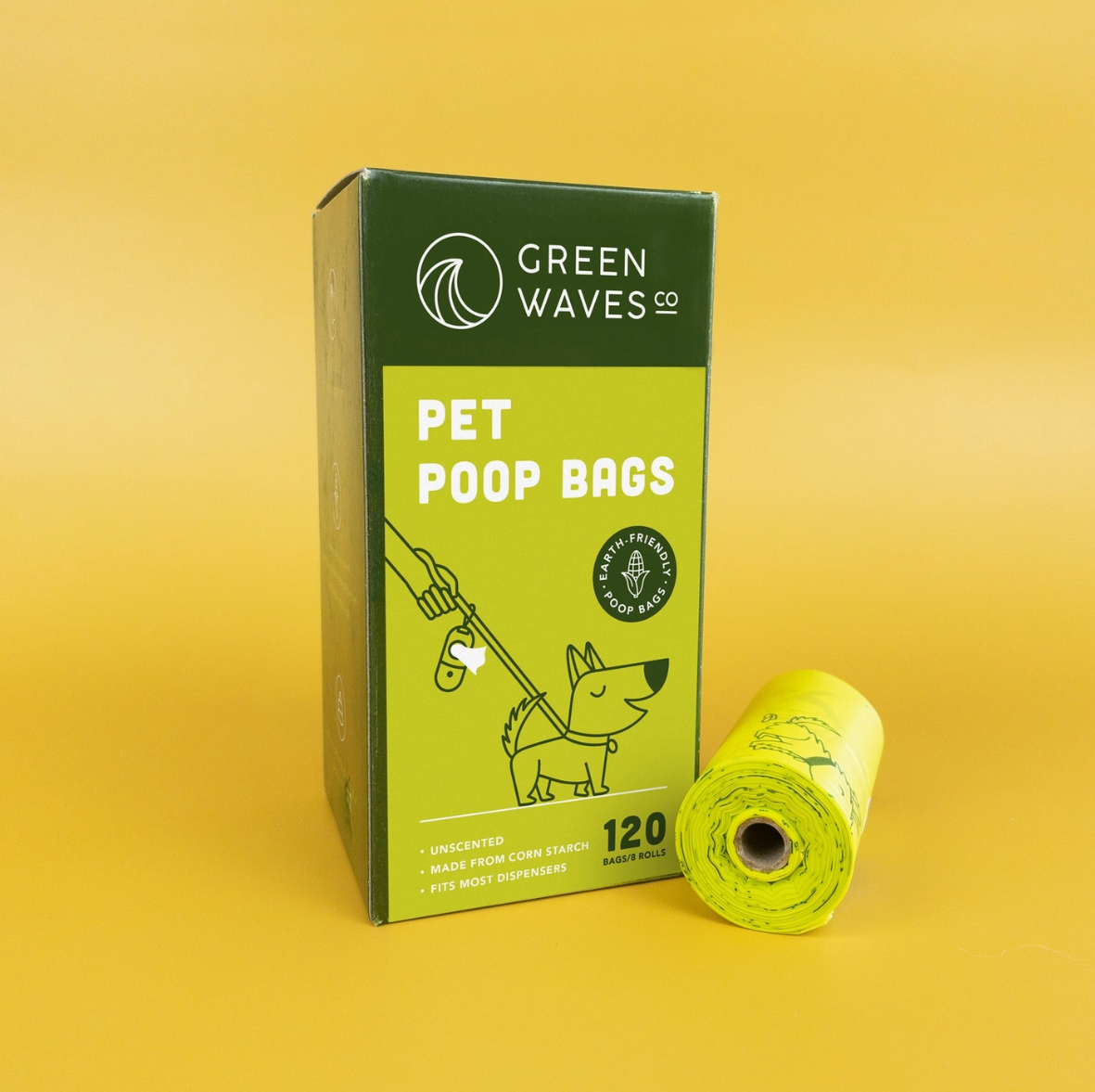 Green Waves pet poop bags packaging on a yellow background
