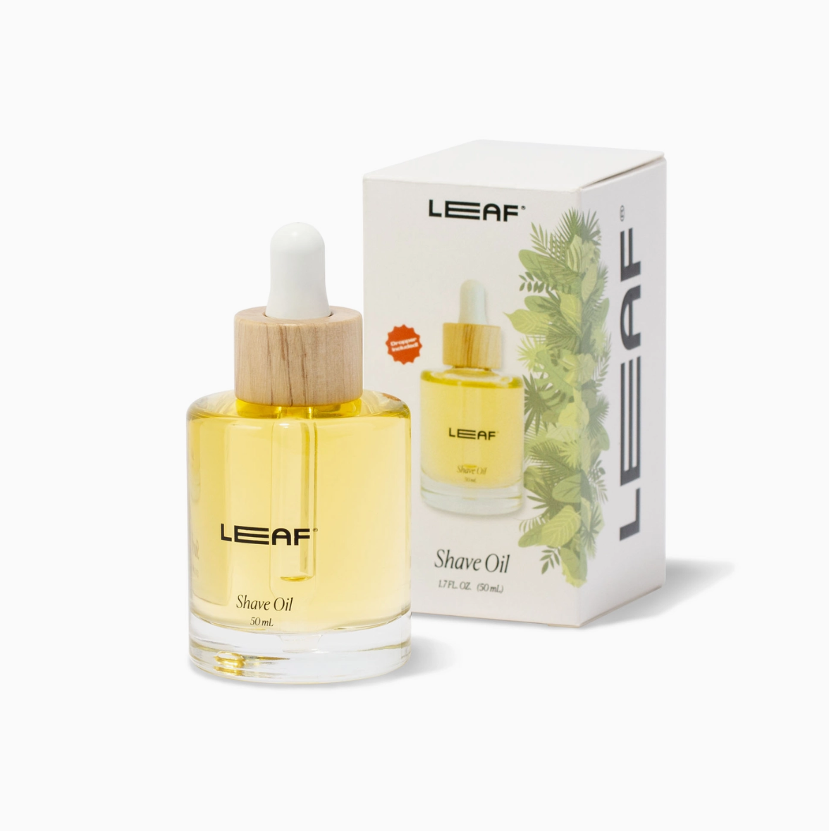 LEAF shave oil bottle and packaging on a white background