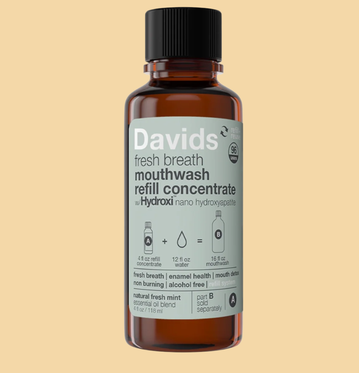 Davids fresh breath mouthwash refill concentrate bottle on a white background
