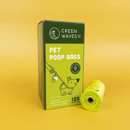 Green Waves pet poop bags packaging on a yellow background