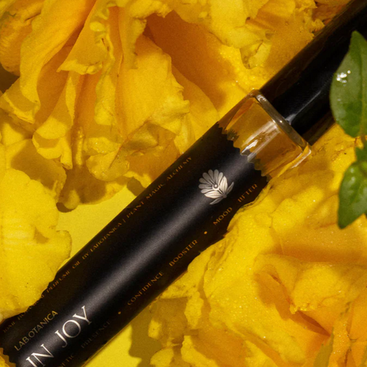 Perfume In Joy with visible branding on yellow flowers