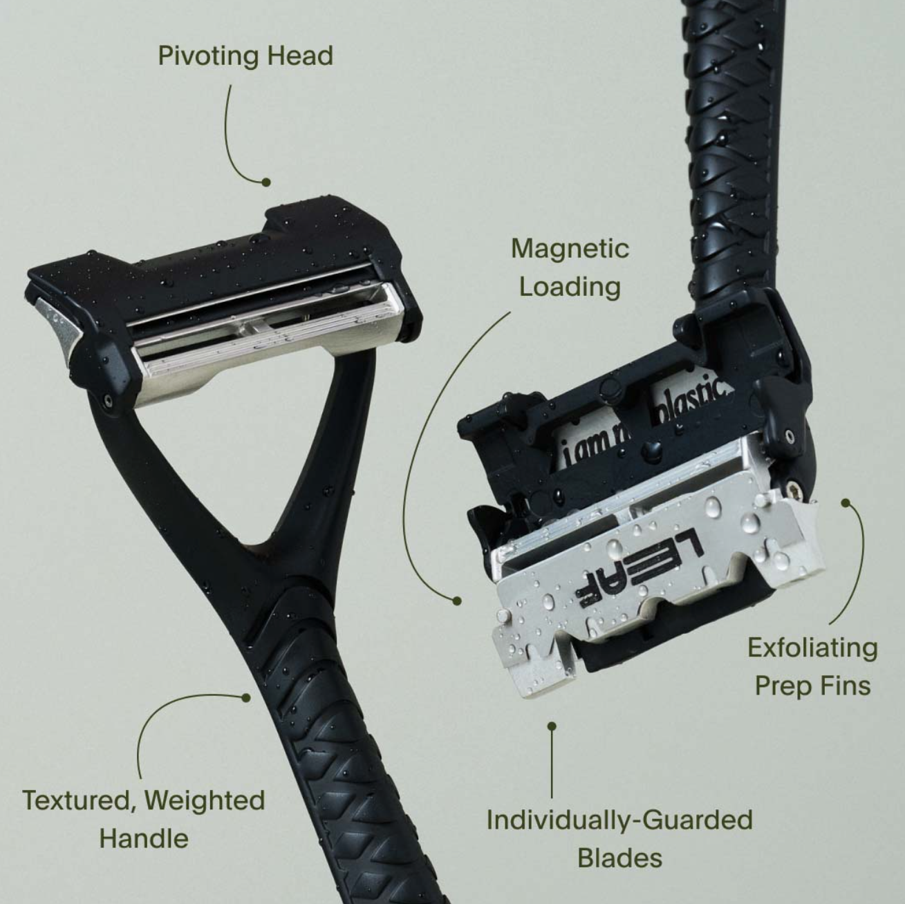 Shaving razor with labeled features on a gray background