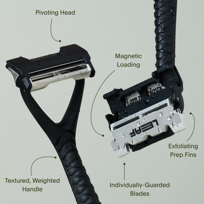 Shaving razor with labeled features on a gray background