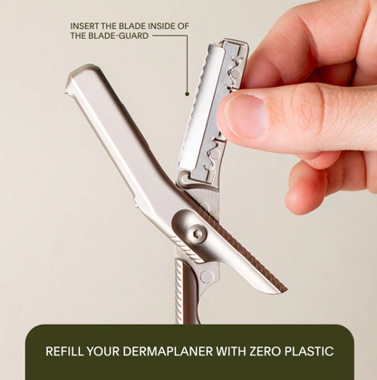 Hand using a dermaplaner with text on how to insert the blade and refill it.