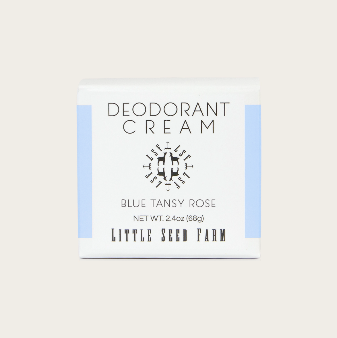 Deodorant cream packaging with 'Little Seed Farm' branding on a light background
