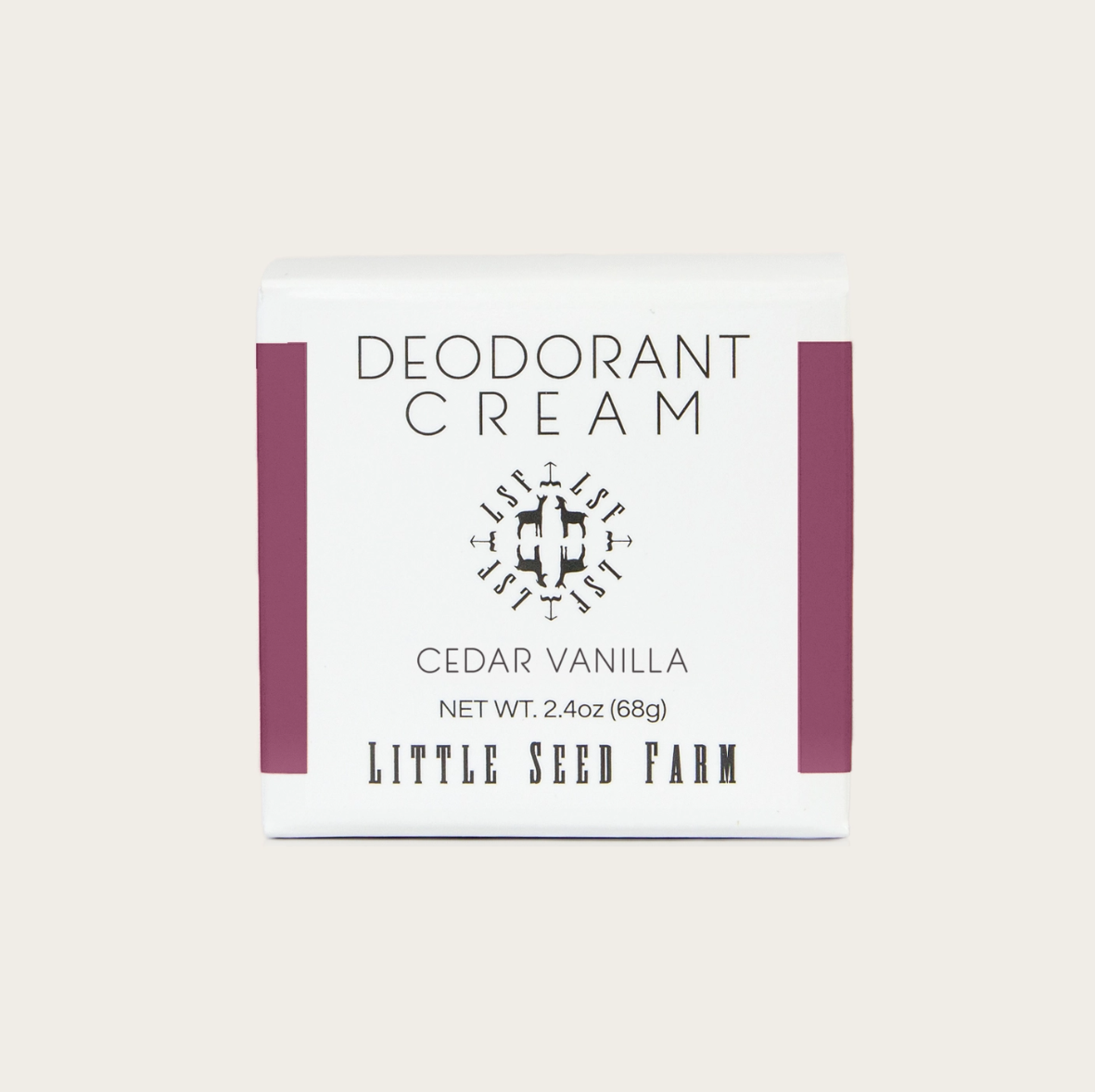 Deodorant cream packaging with 'Little Seed Farm' branding on a light beige background