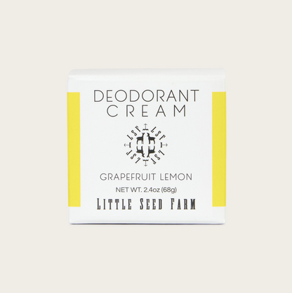 Deodorant cream packaging with 'Little Seed Farm' branding on a white background