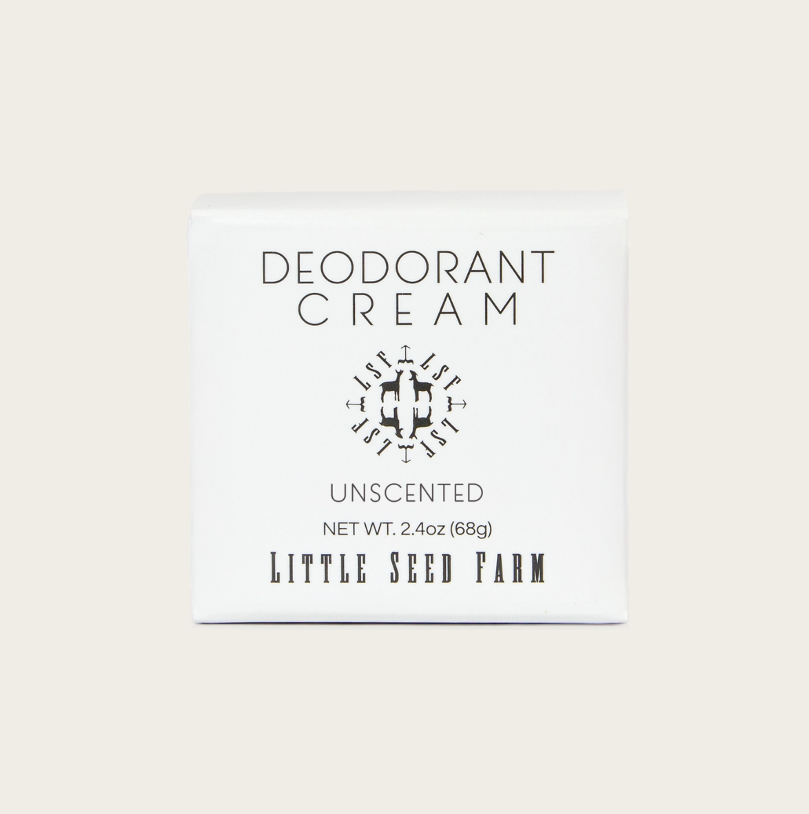 Deodorant cream packaging with 'Little Seed Farm' branding on a light background