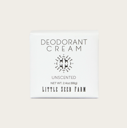 Deodorant cream packaging with 'Little Seed Farm' branding on a light background