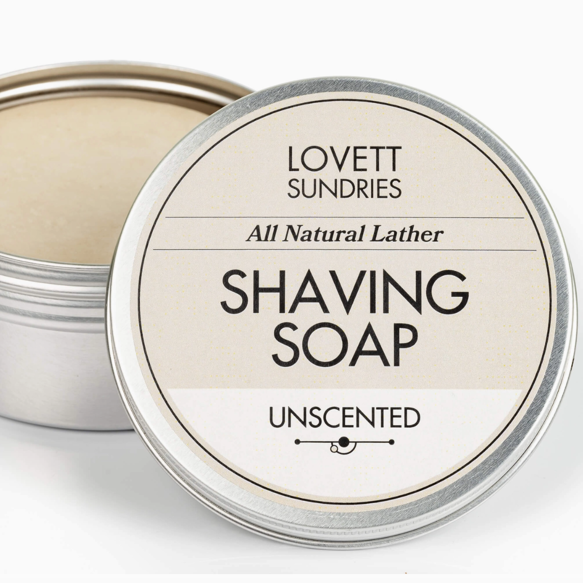 Lovett Sundries all natural lather unscented shaving soap container on a white background