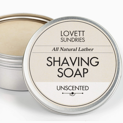 Lovett Sundries all natural lather unscented shaving soap container on a white background