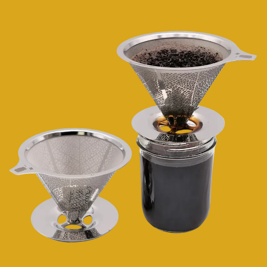 A stainless steel pour-over coffee set consisting of a conical mesh filter, a matching filter base, and a dark glass carafe, shown on a plain white background.