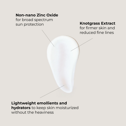 Sunscreen product with text highlighting ingredients on a beige background