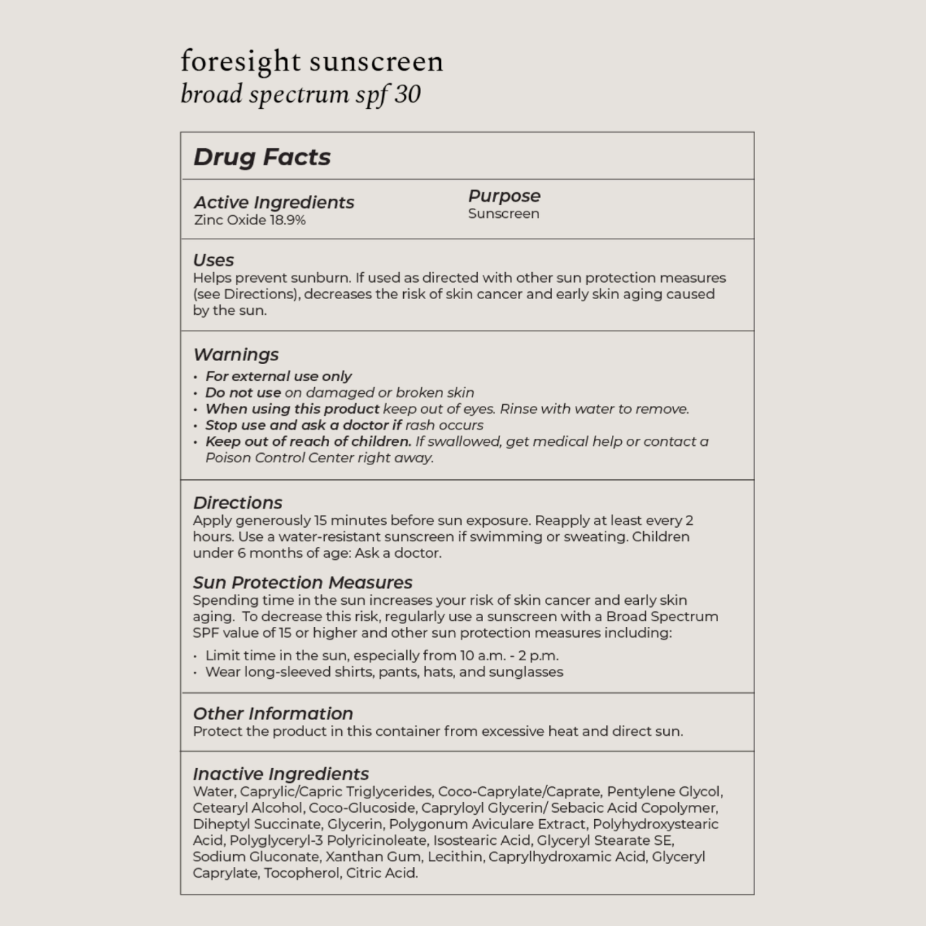Foresight Sunscreen label with drug facts and instructions on a white background