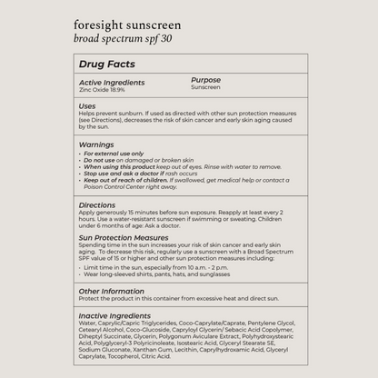 Foresight Sunscreen label with drug facts and instructions on a white background