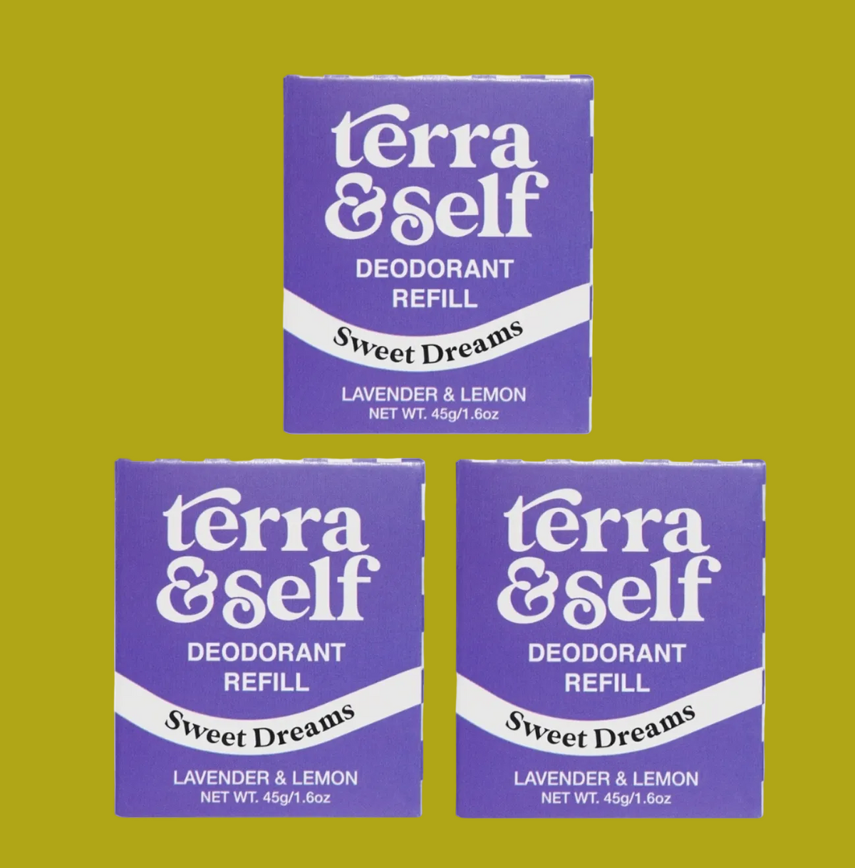 Three purple Terra & Self deodorant refill boxes arranged in a triangle on a white background. The boxes are labeled 'Sweet Dreams' and 'Lavender & Lemon'.